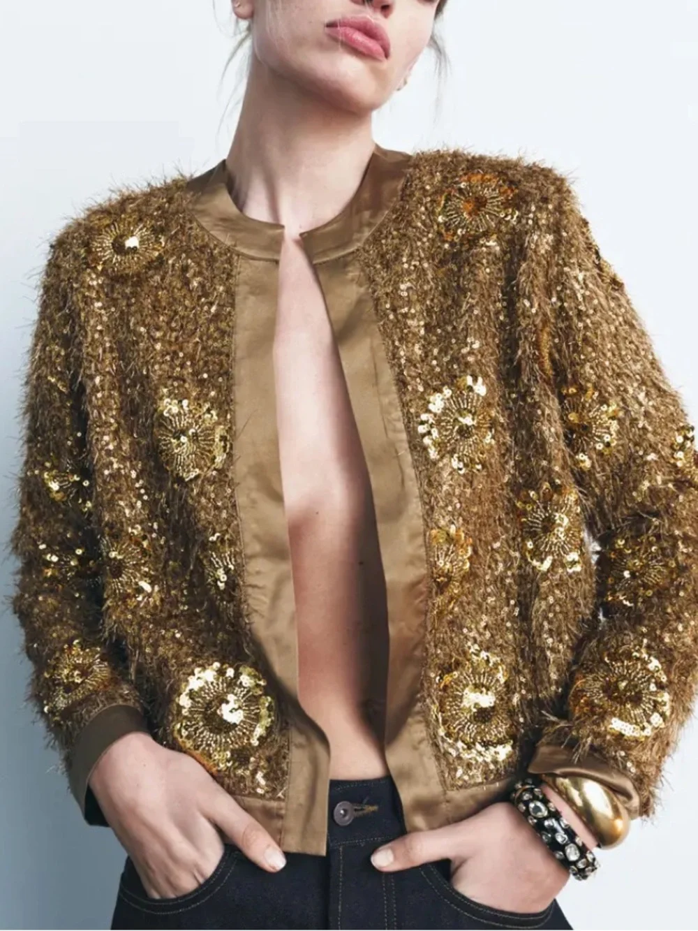 ZARA Brown Gold Fur Sequin Beaded Collarless Jacket